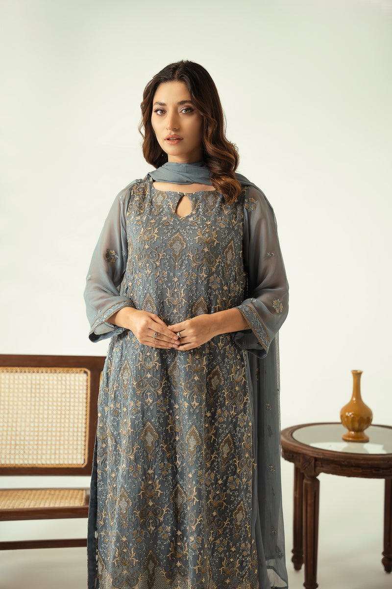 Silver Charm 3PC Embroidered Chiffon Suit