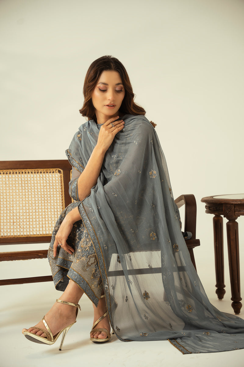 Silver Charm 3PC Embroidered Chiffon Suit
