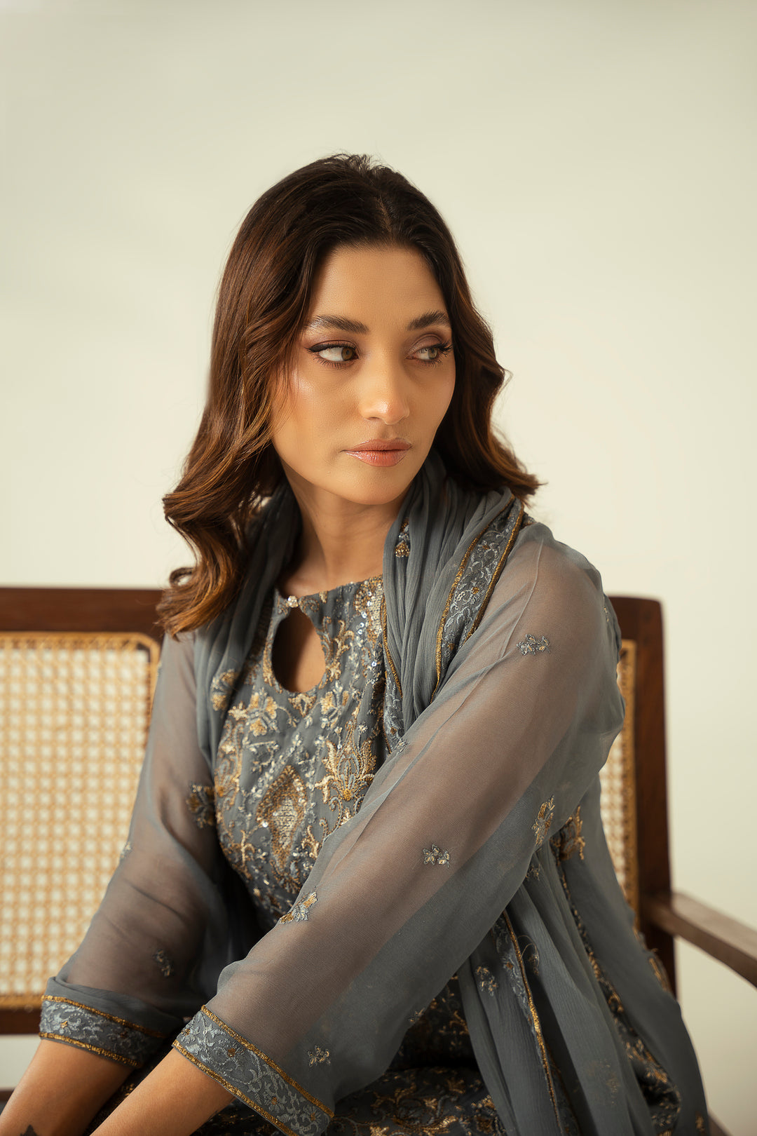 Silver Charm 3PC Embroidered Chiffon Suit