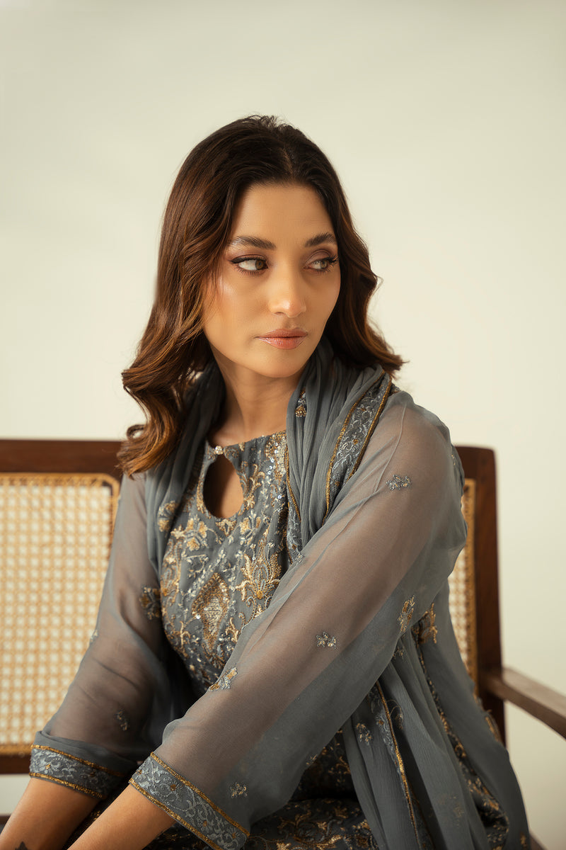 Silver Charm 3PC Embroidered Chiffon Suit