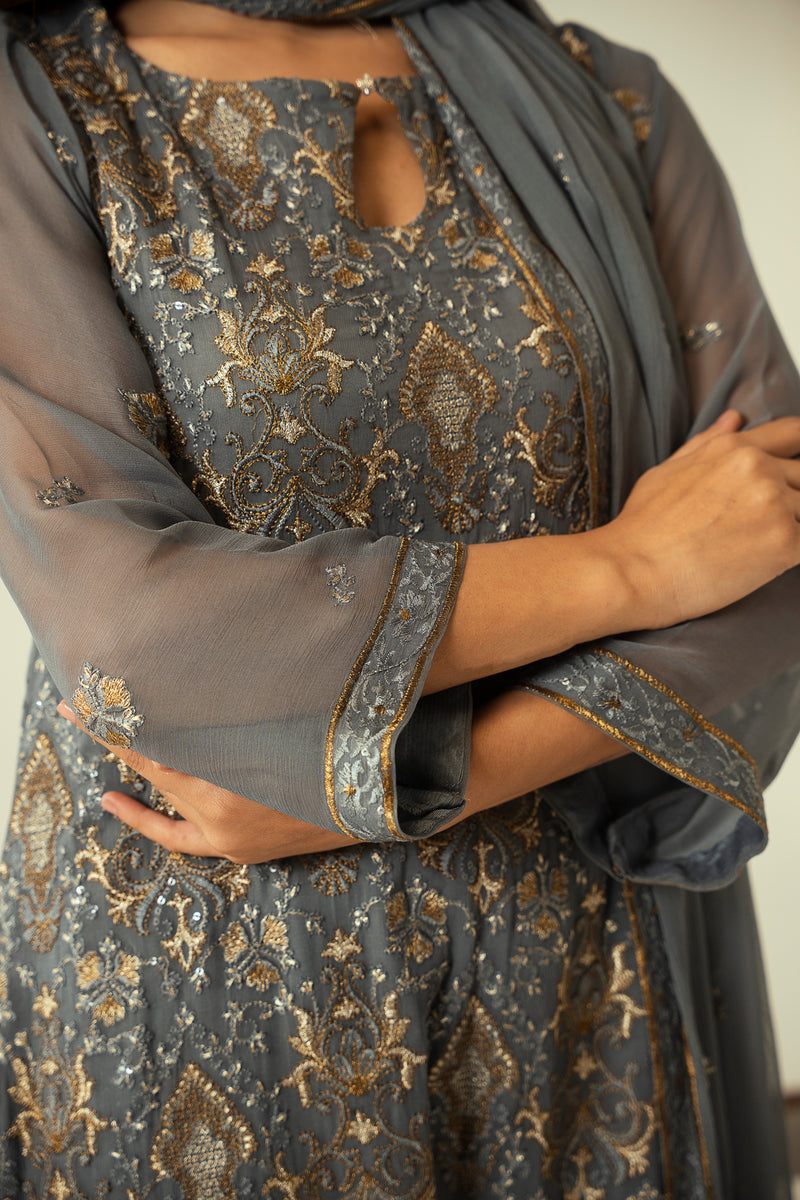 Silver Charm 3PC Embroidered Chiffon Suit