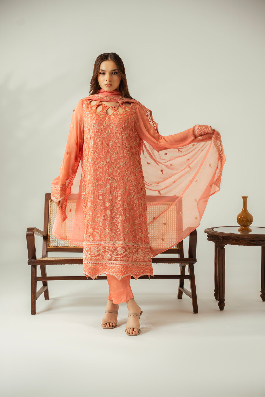 Pale Rose 3PC Embroidered Chiffon Suit