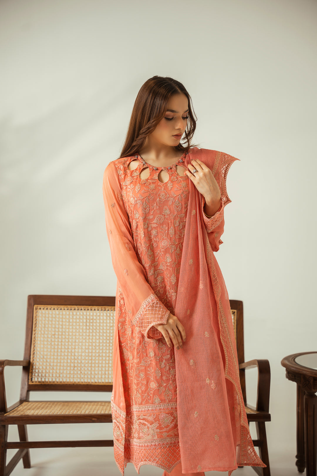Pale Rose 3PC Embroidered Chiffon Suit