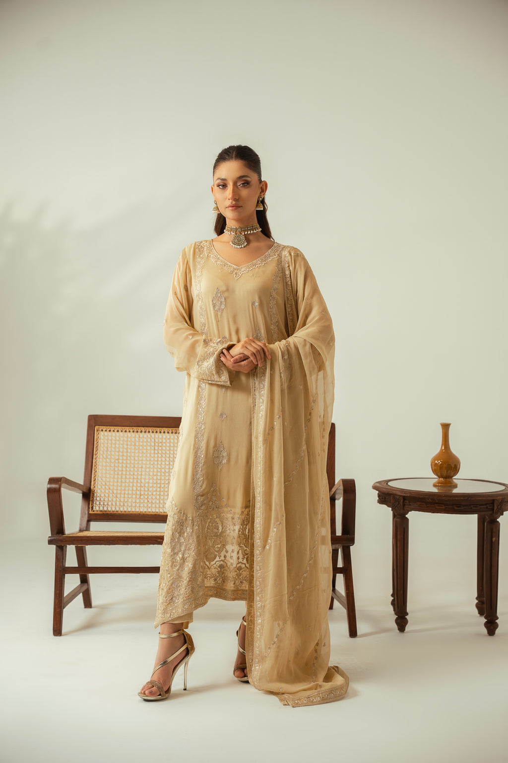 Champagne Gold 3PC Embroidered Chiffon Suit