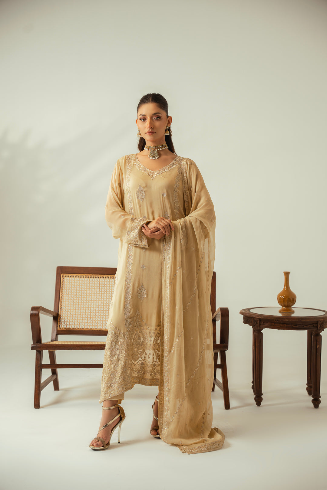Champagne Gold 3PC Embroidered Chiffon Suit