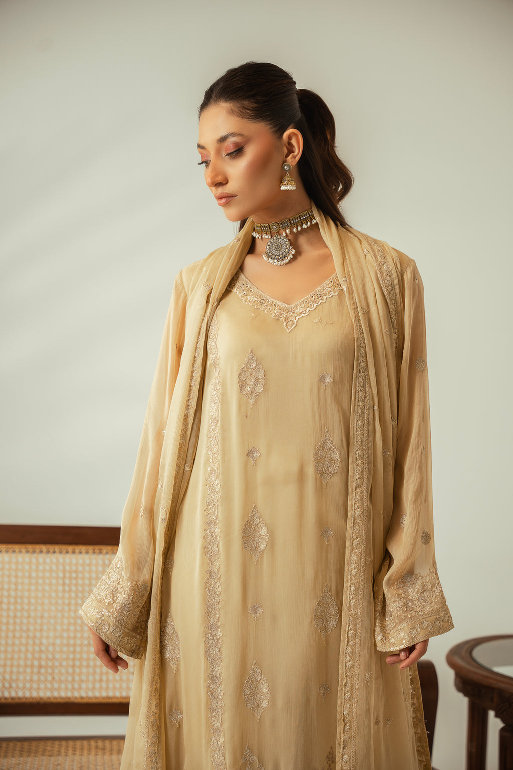 Champagne Gold 3PC Embroidered Chiffon Suit