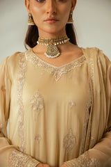 Champagne Gold 3PC Embroidered Chiffon Suit