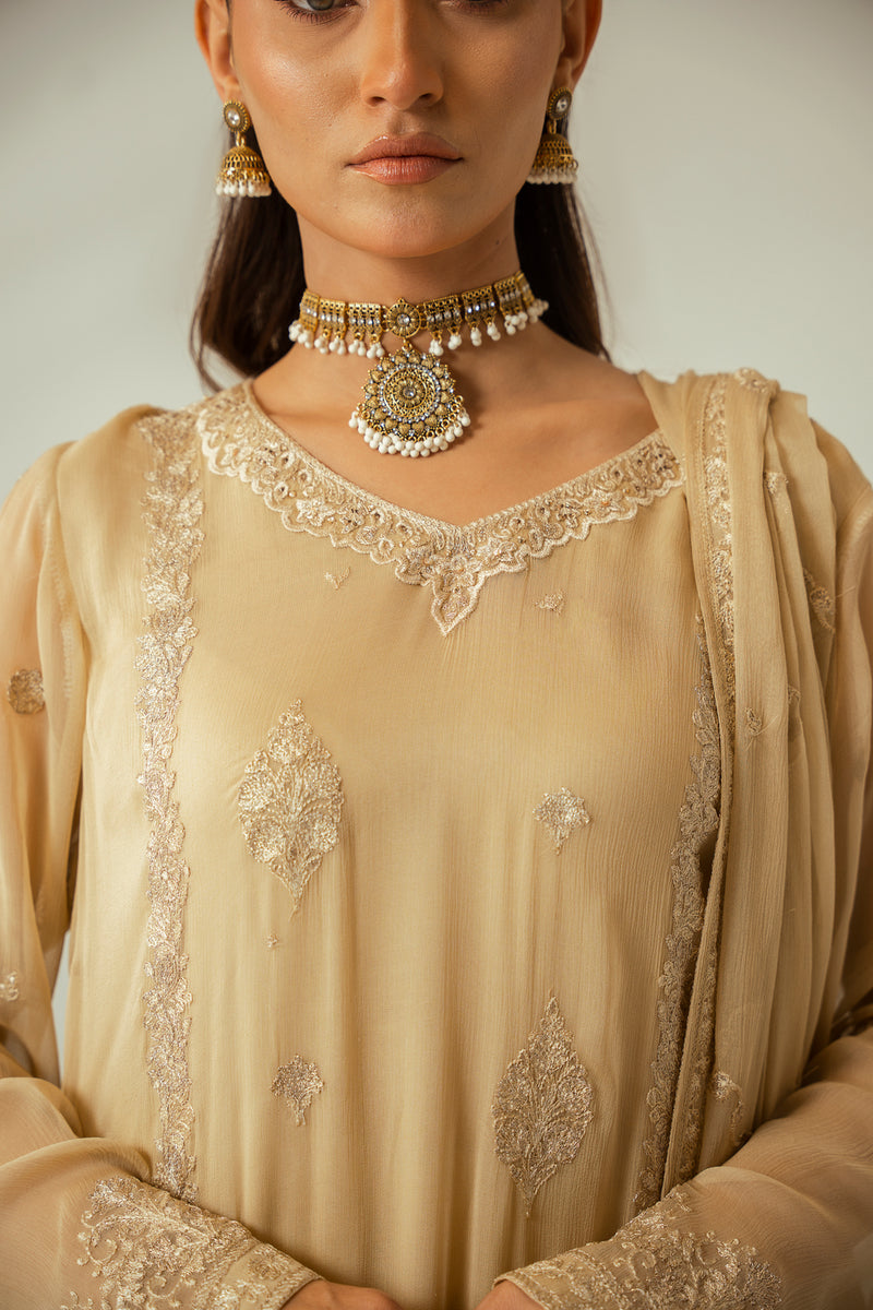 Champagne Gold 3PC Embroidered Chiffon Suit