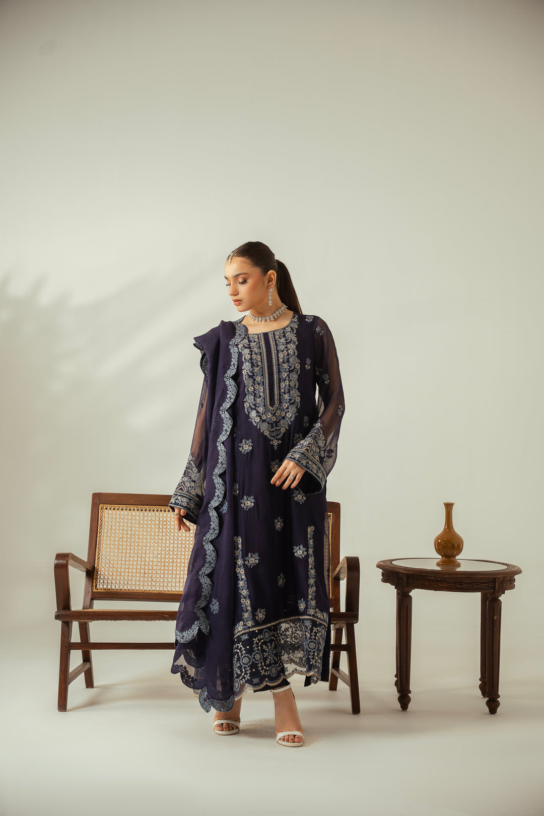 Royal Sapphire 3PC Embroidered Chiffon Suit