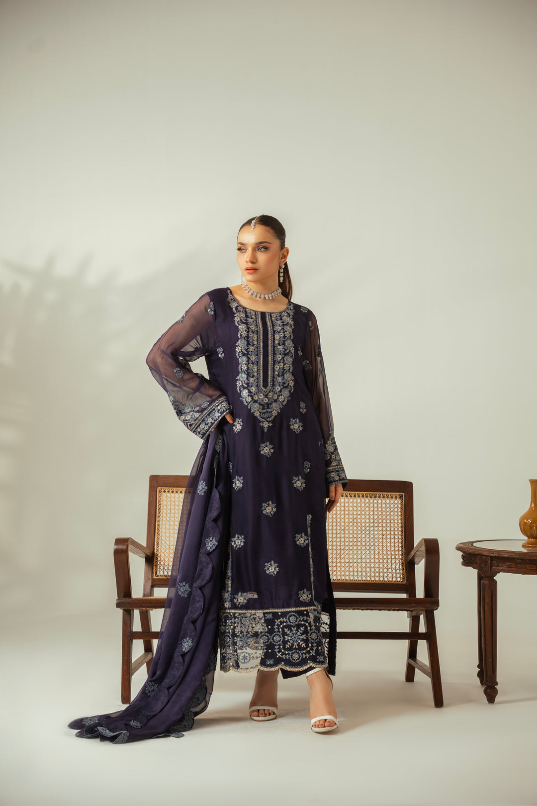 Royal Sapphire 3PC Embroidered Chiffon Suit