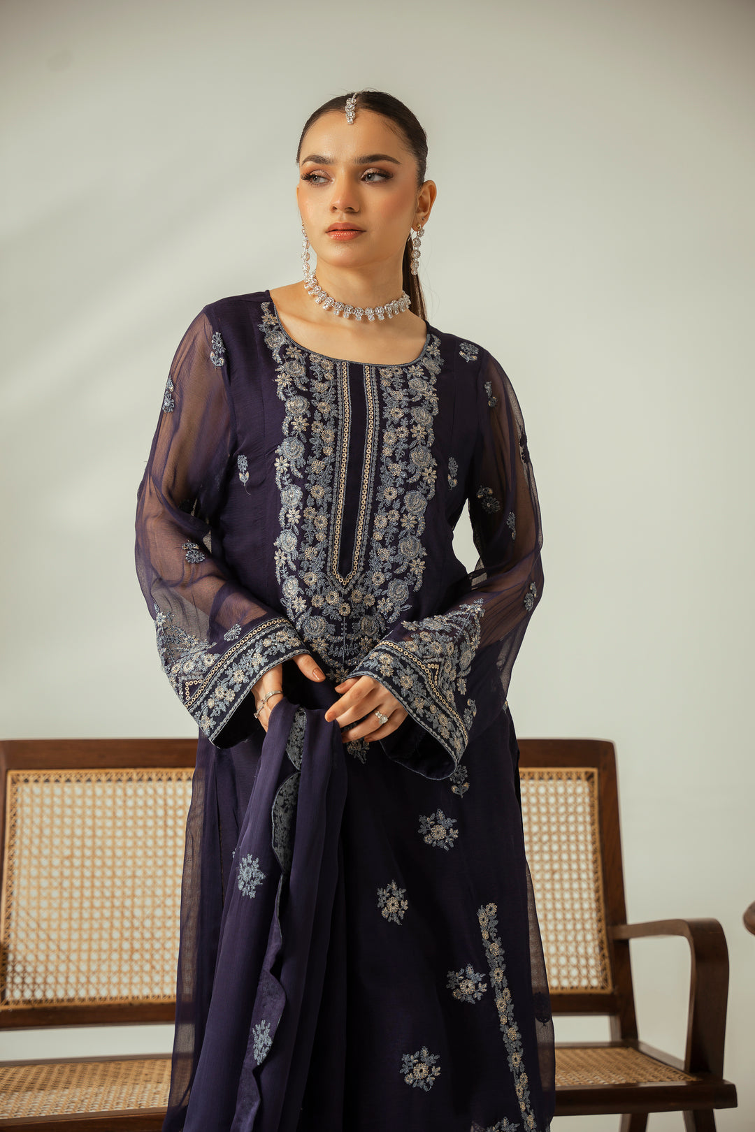Royal Sapphire 3PC Embroidered Chiffon Suit