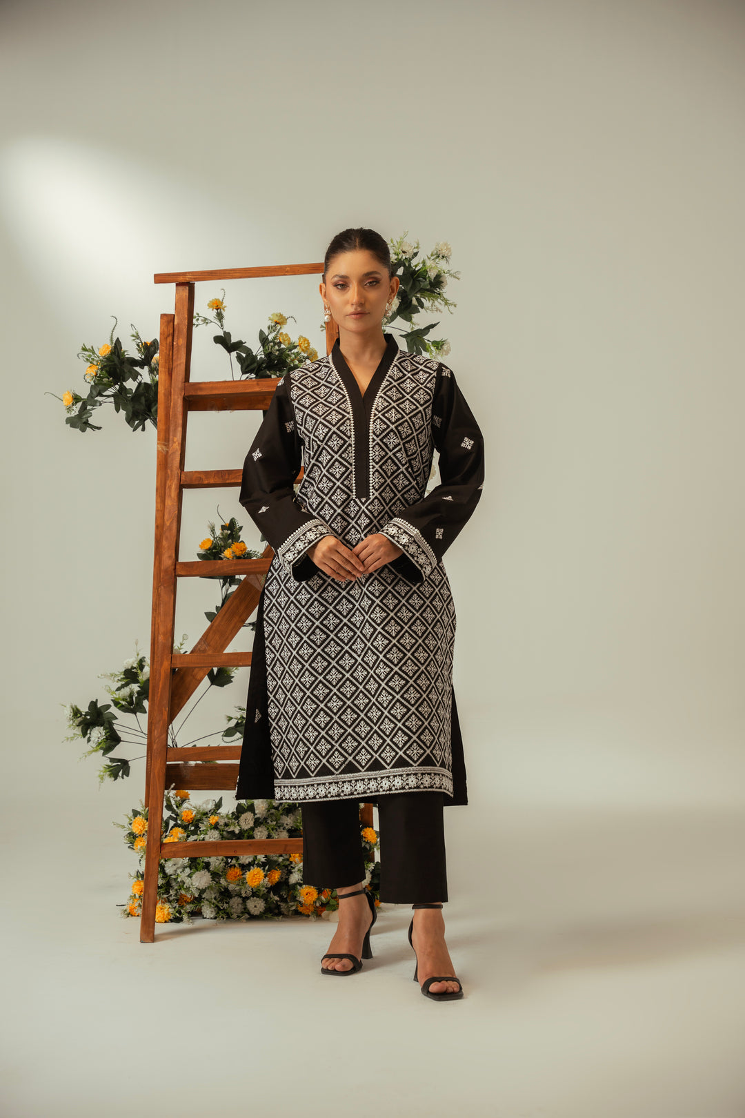 2 PC Black Cotton Embroidered CO-ORD Set